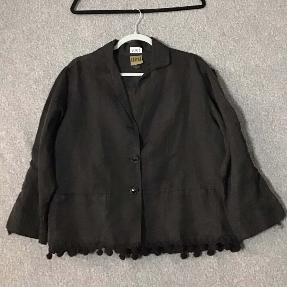 URU Women's OS Black Silk Fringe Button Up Lightweight Jacket